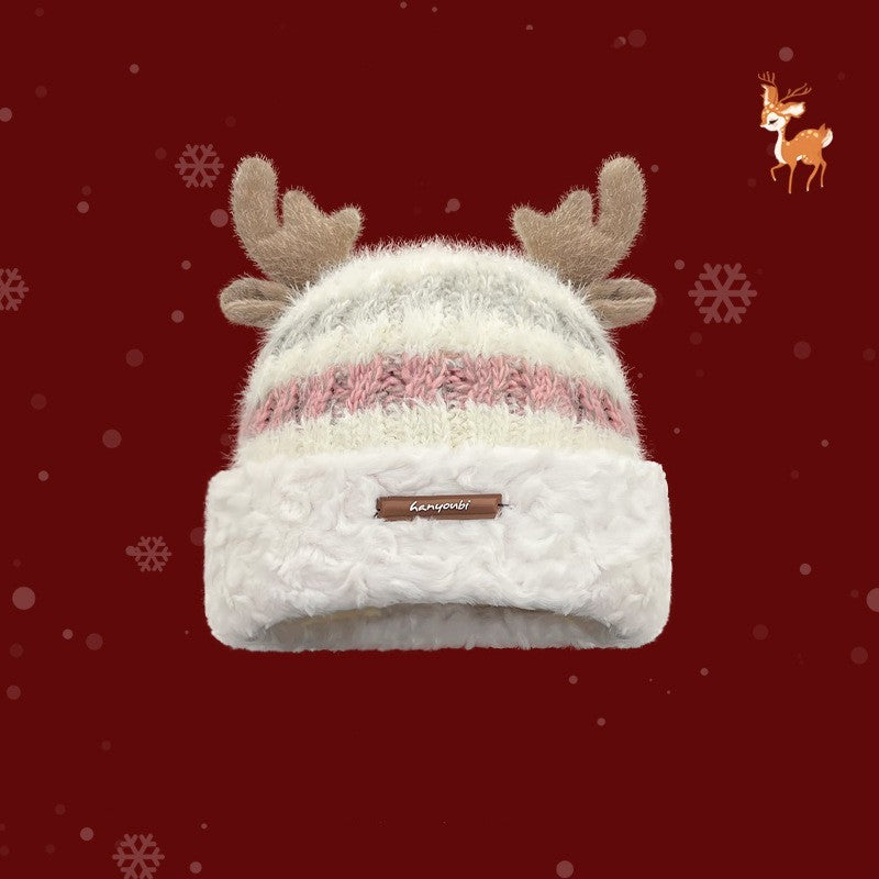 Christmas Knitted Hat With Cute Deer Antler Winter Warm Thick Hat For Girls Women