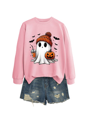 Fashion Long Sleeve Milk Tea Pumpkin Bat Printed Crew Neck Sweatshirt