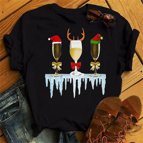 Christmas Wine Glasses Men And Women Couple Red T-shirt