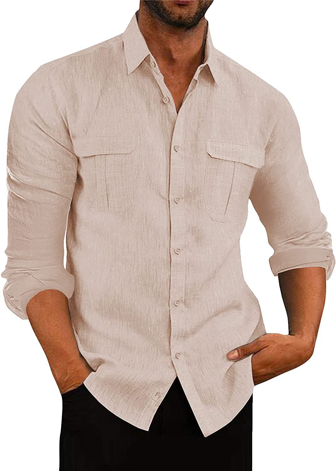 European And American Men's Shirt Double Pocket Cotton Linen