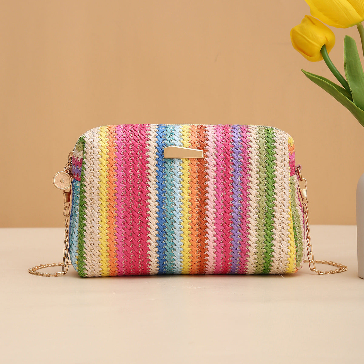 Rainbow Straw Bag Woven Camera Bag All-match Girls Crossbody Bag