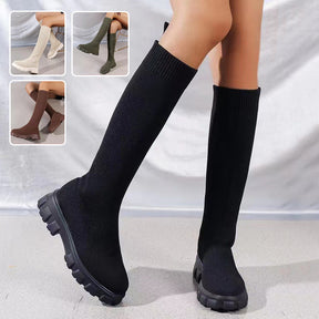 Fashion Knitted Boots Women's Flyweaving Breathable Thick-soled Skinny Boots Winter Fall Shoes