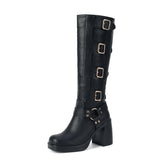 Square Toe Platform Belt Buckle Thick High Heel High Leg Martin Boots