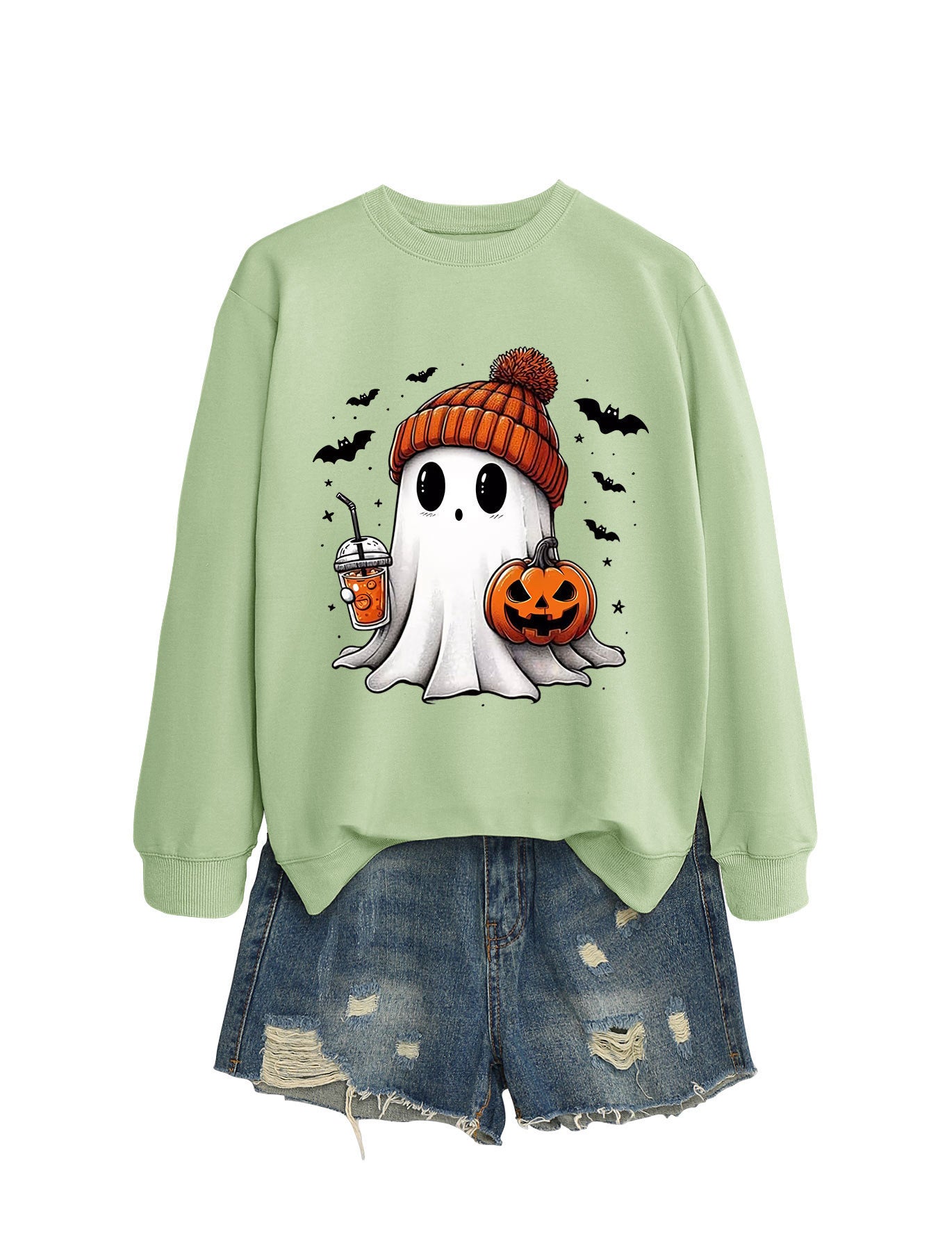 Fashion Long Sleeve Milk Tea Pumpkin Bat Printed Crew Neck Sweatshirt