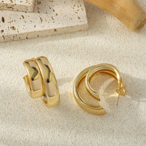 Exaggerated Double Ring Glossy Metal C- Shaped Earrings