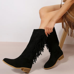 Plus Size Suede Long Tube Tassel Boots Low Heel