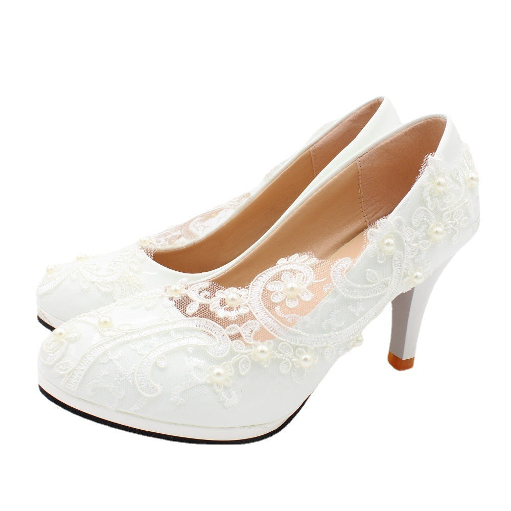 New Lace High Wedding Shoes With White Low Heels