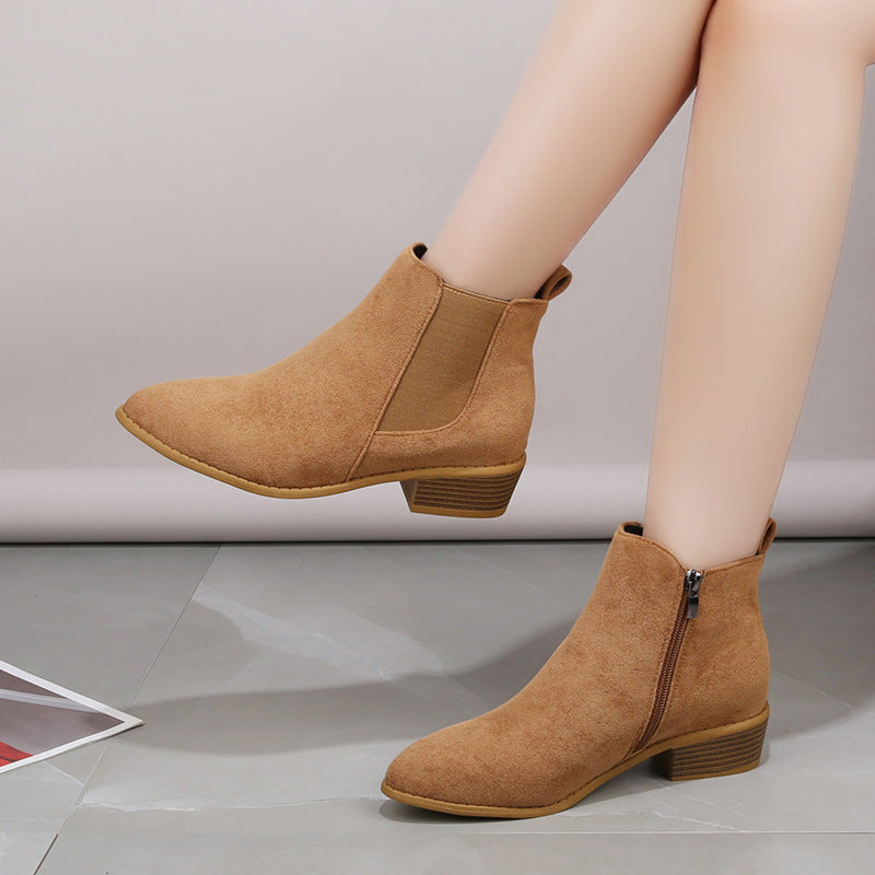 British Solid Color Suede Pointed Square Heel Martin Boots