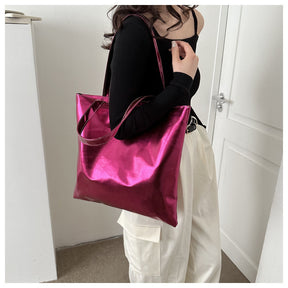 Simple Portable Large Capacity Texture Shiny Shoulder Bag Personality Soft Pu Paint Commuter Tote