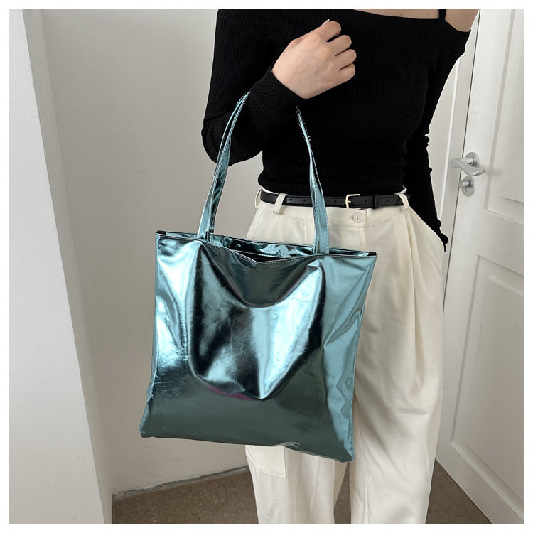 Simple Portable Large Capacity Texture Shiny Shoulder Bag Personality Soft Pu Paint Commuter Tote