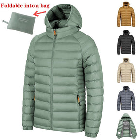 Winter Lightweight Hooded Coat With Pockets Fashion Warm Portable Zipper Jacket For Men Clothing Solid Color Outerwear Tops