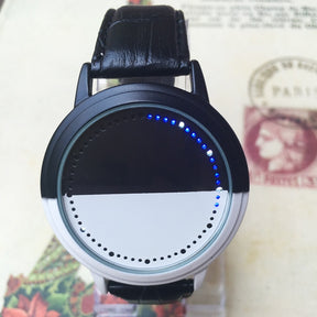 LED touch student couple watch leather smart black and white stitching men and women watch