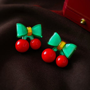 Cute Contrast Color Bow Cherry Silver Stud Earrings