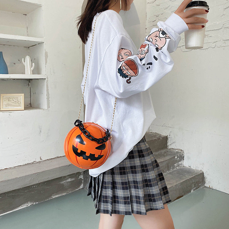 Halloween Cartoon Pumpkin Ball Handbags With Chain Personality Creative Funny Shoulder Bags For Kids Women