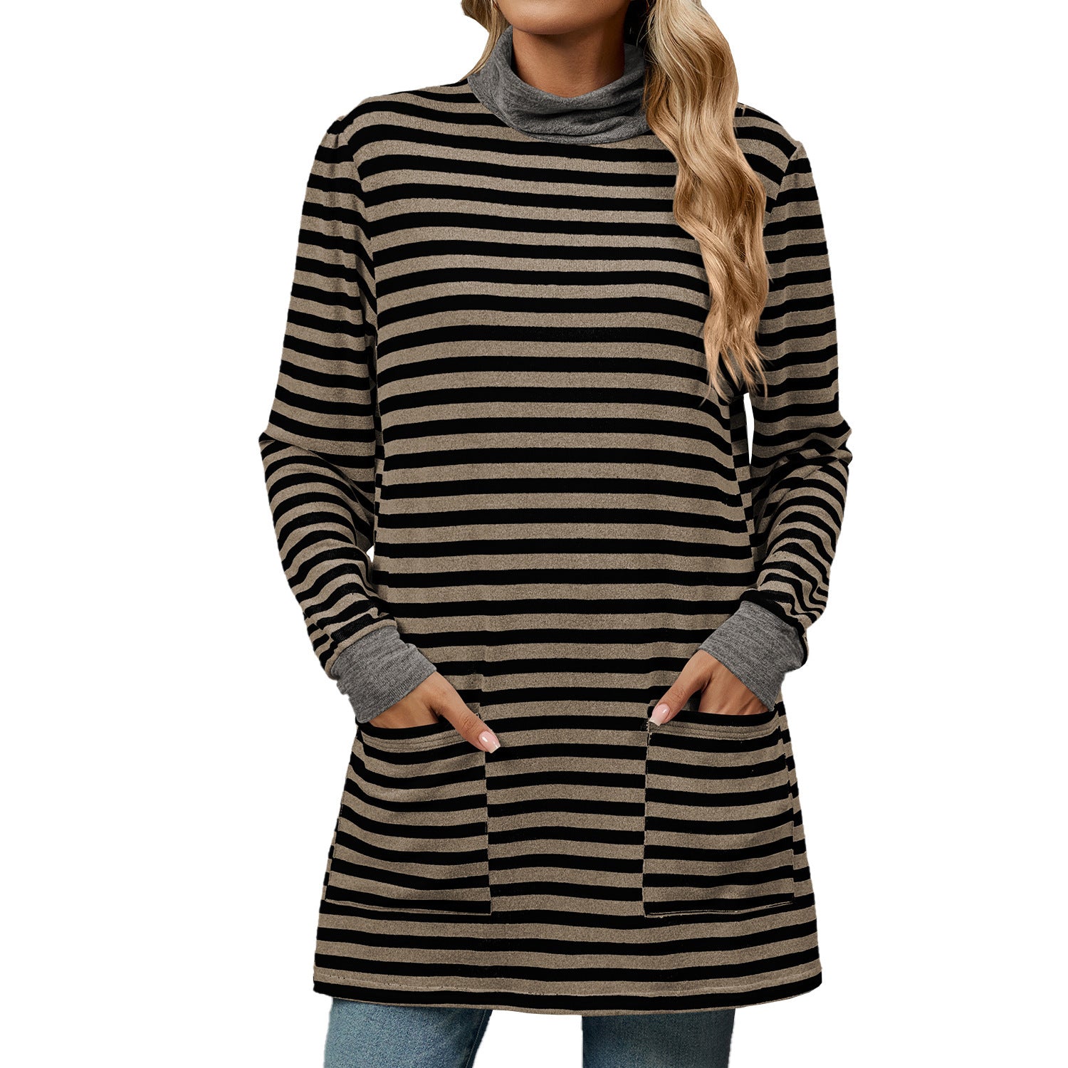 Fashion Striped Print Long Sweatshirt With Pocket Loose Long Sleeve Pullover T-shirt Top For Womens Clothing