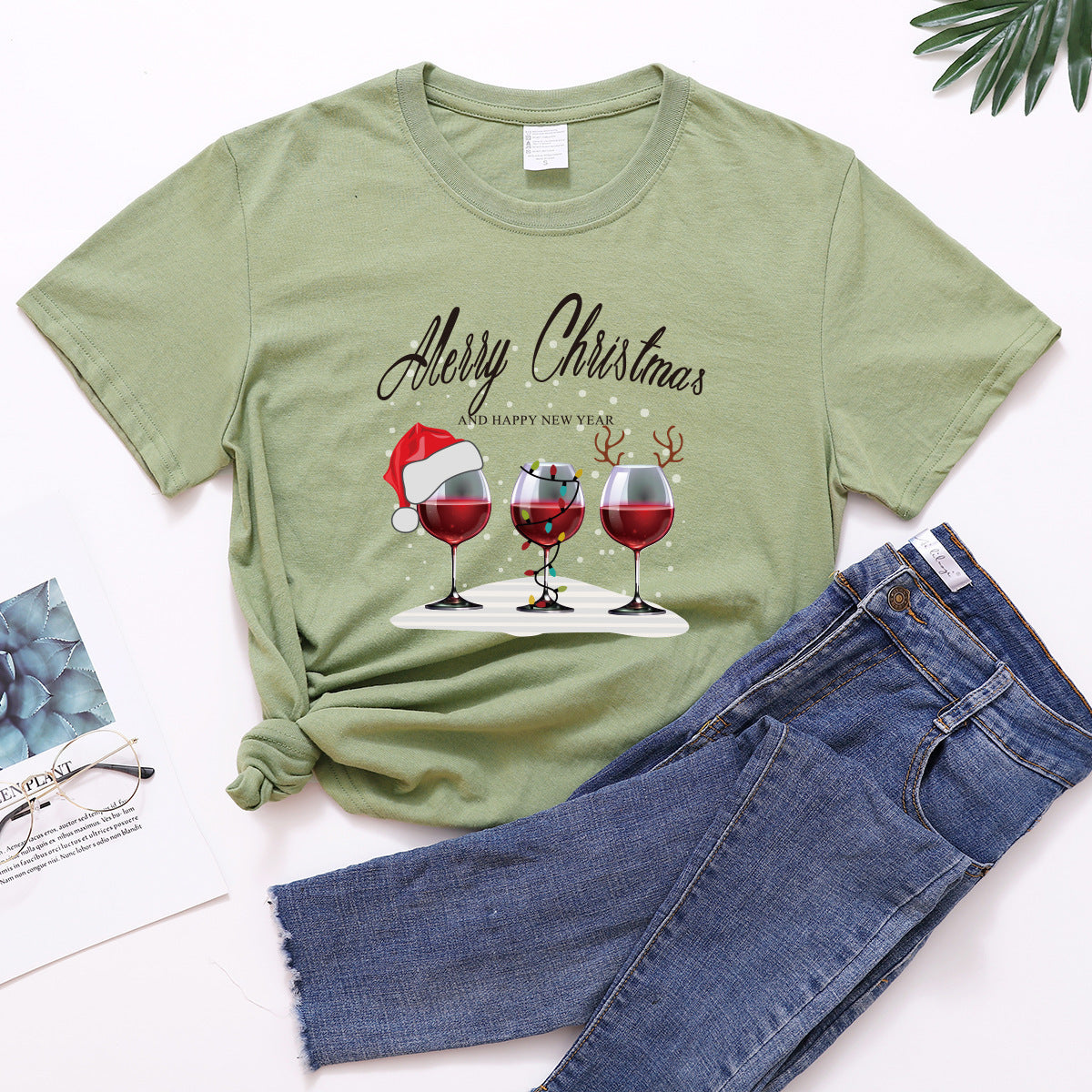 Christmas Three Wine Glasses Print Short Sleeve