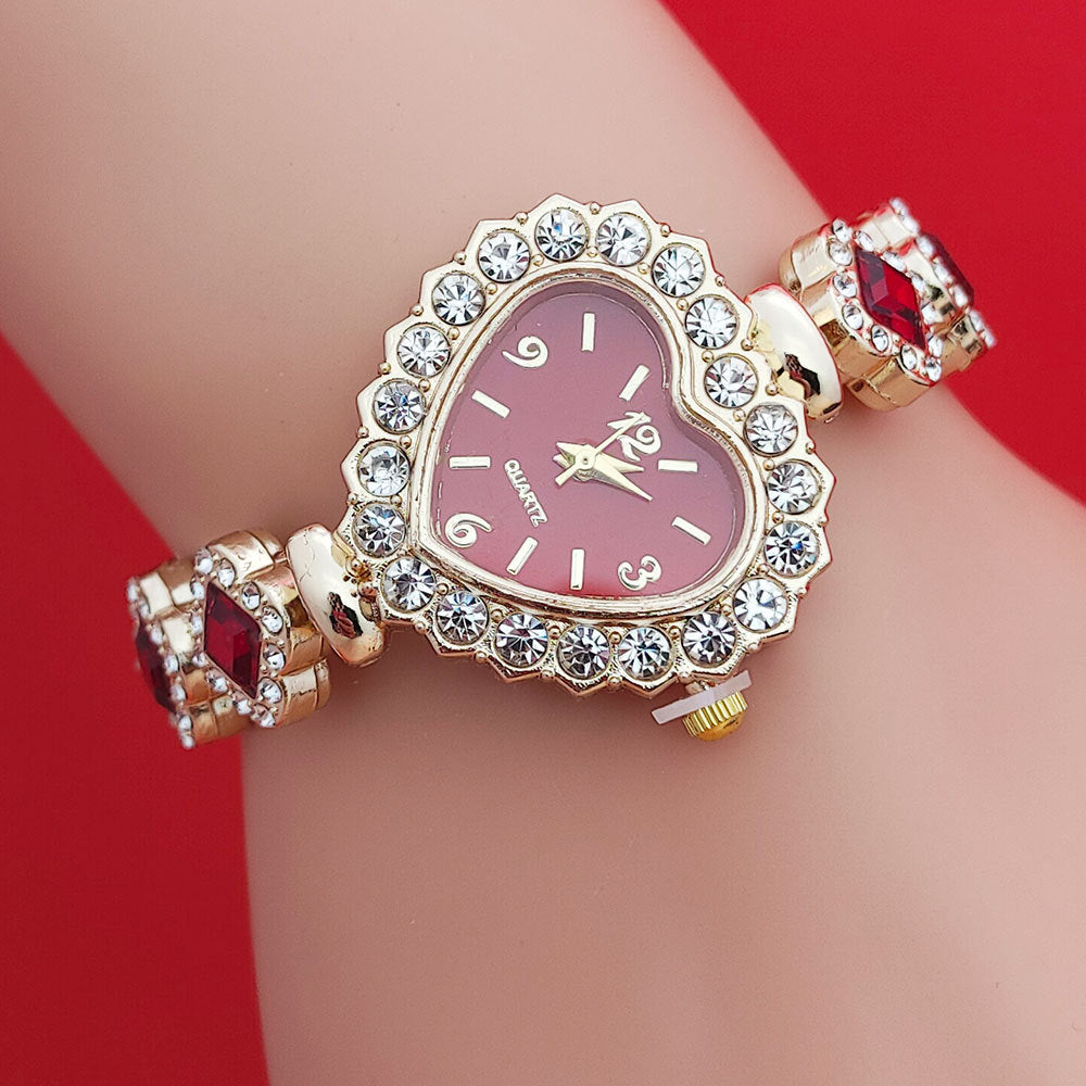 Fashion Diamond-embedded Love Heart-shaped Bracelet Watch Suit