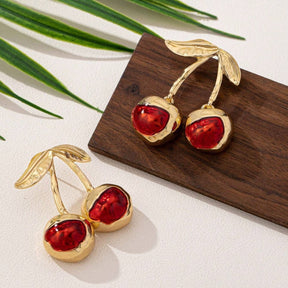 Sweet Cherry Pendant Earrings Stud Golden Fruit