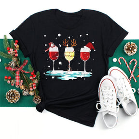 Christmas Wine Glasses Men And Women Couple Red T-shirt