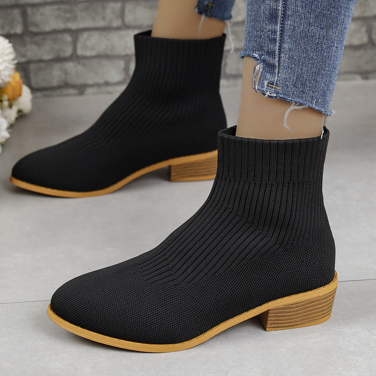 Chunky Heel Pointed Toe Ankle Boots Fashion Breathable Mid-tube Knitted Socks Shoes For Women Short Boot