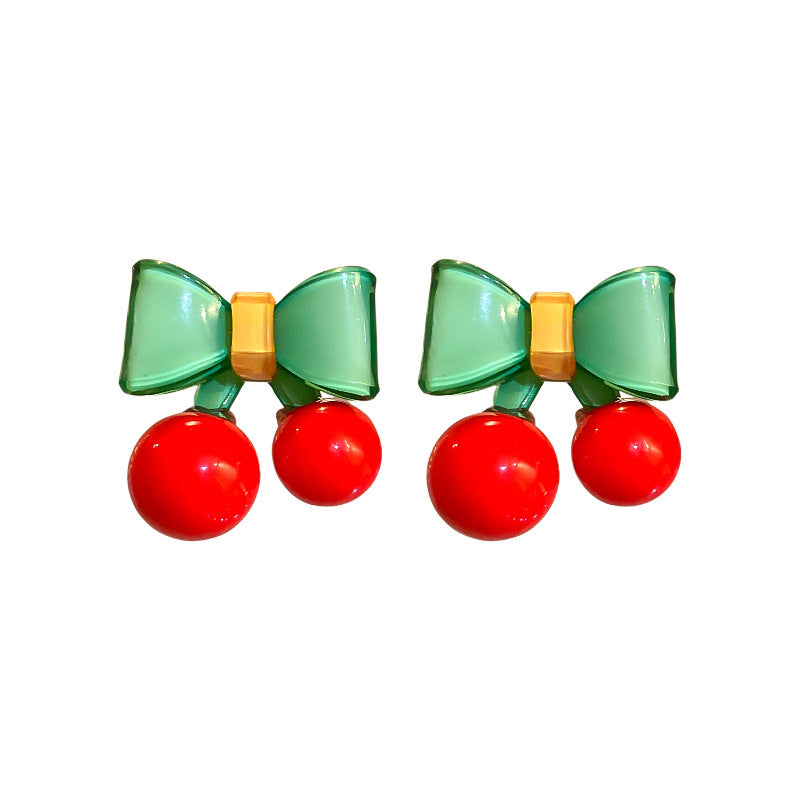 Cute Contrast Color Bow Cherry Silver Stud Earrings