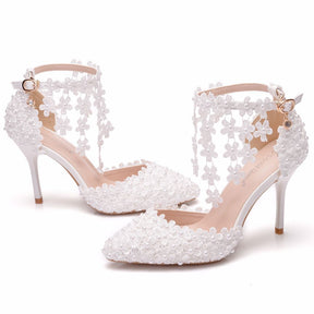 White Lace Flower Tassel Wedding Shoes