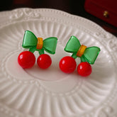 Cute Contrast Color Bow Cherry Silver Stud Earrings