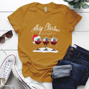 Christmas Three Wine Glasses Print Short Sleeve