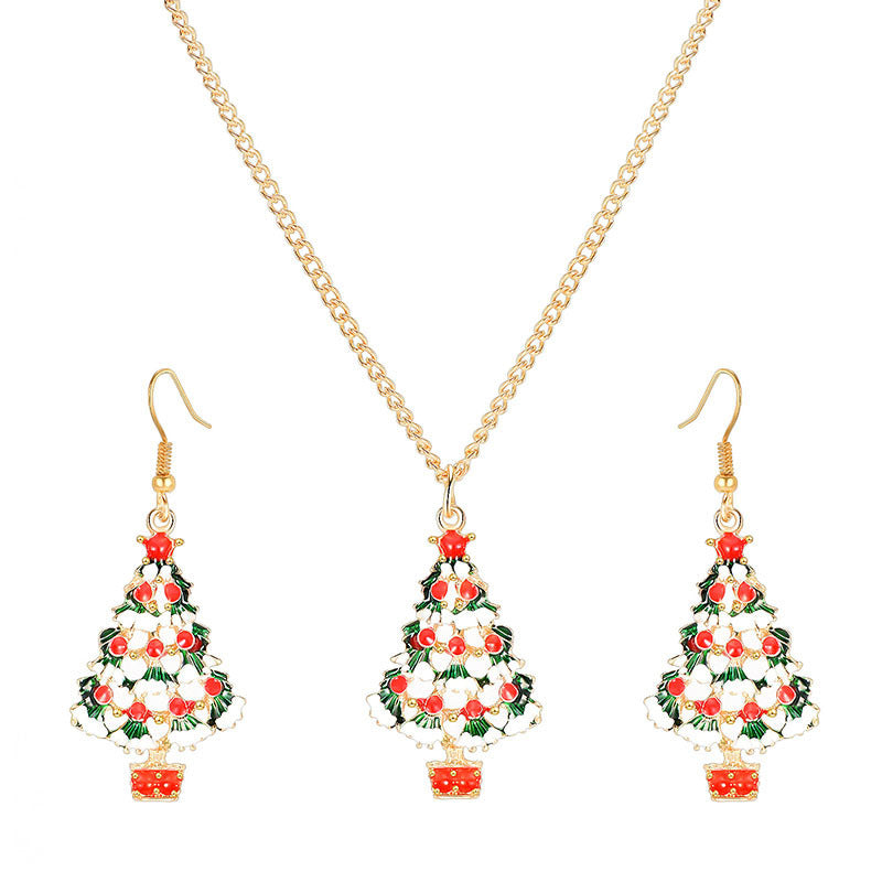 Oil Dripping Colorful Christmas Tree Christmas Gift Earring Necklace Set