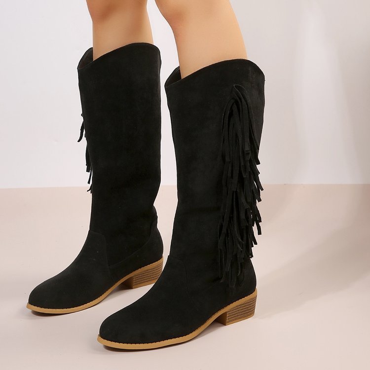 Plus Size Suede Long Tube Tassel Boots Low Heel