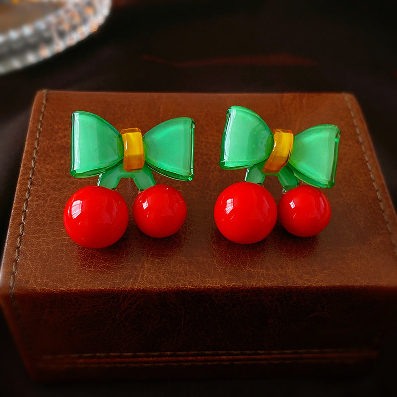 Cute Contrast Color Bow Cherry Silver Stud Earrings