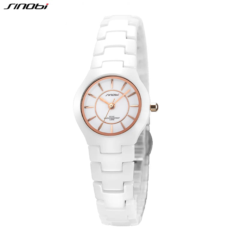 SINOBI Fashin White Ceramic Strap Woman Watches New Top Luxury Stainless S Ladies Quartz Wristwatches High Quality Women's Clock