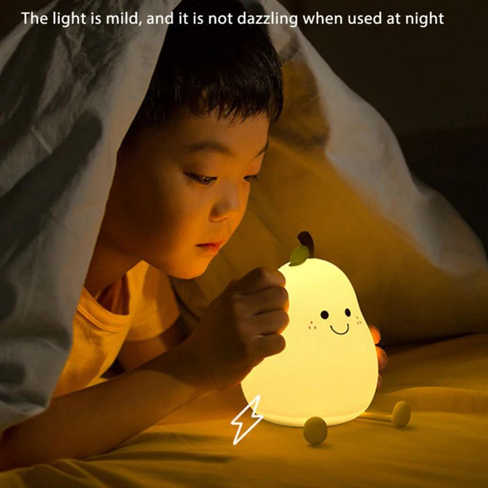 New Pear Fruit Silicone Night Light 7 Colors Dimming Touch USB Rechargeable Cartoon Bedside Lamp Bedroom Decor Cute Kid Gift