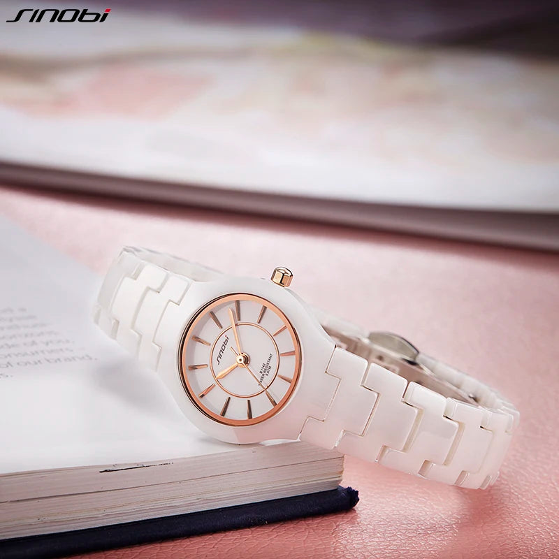 SINOBI Fashin White Ceramic Strap Woman Watches New Top Luxury Stainless S Ladies Quartz Wristwatches High Quality Women's Clock