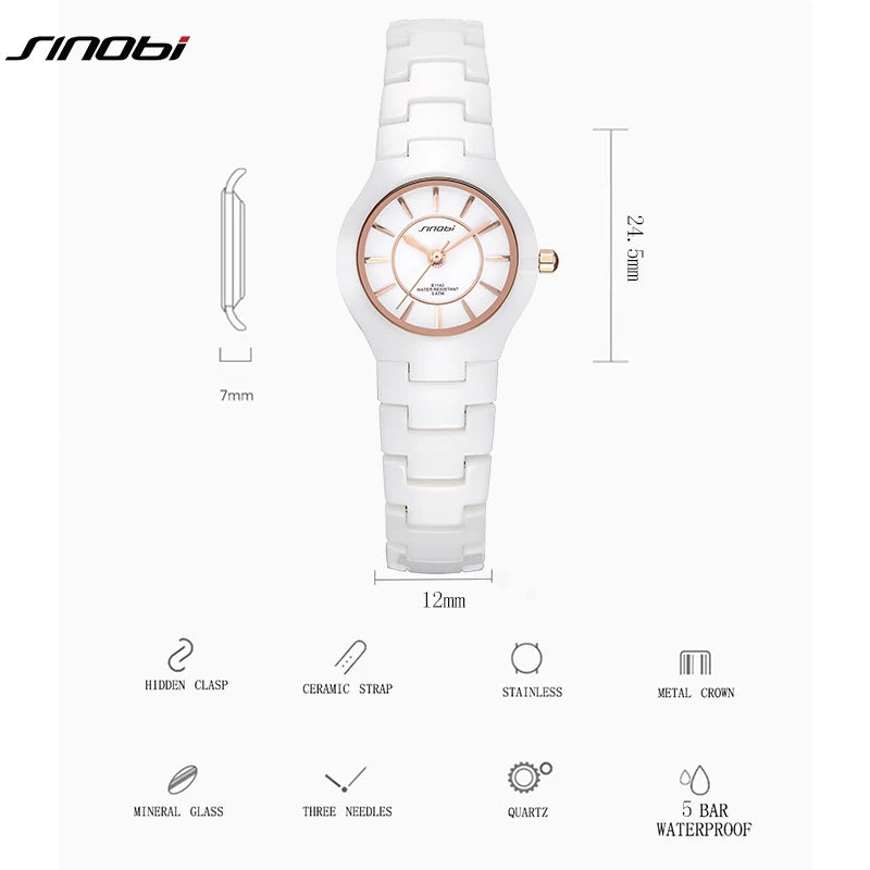 SINOBI Fashin White Ceramic Strap Woman Watches New Top Luxury Stainless S Ladies Quartz Wristwatches High Quality Women's Clock