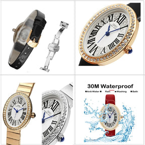 Original Brand Woman Watch Silver Steel Waterproof Handwatch Female Fashion Oval High Quality Ladies Leather Wristwatches Blue