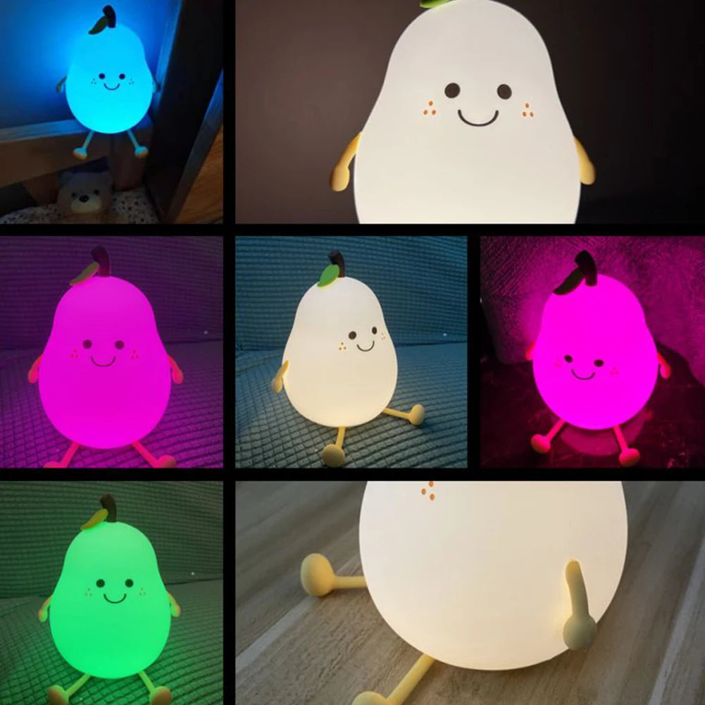 New Pear Fruit Silicone Night Light 7 Colors Dimming Touch USB Rechargeable Cartoon Bedside Lamp Bedroom Decor Cute Kid Gift