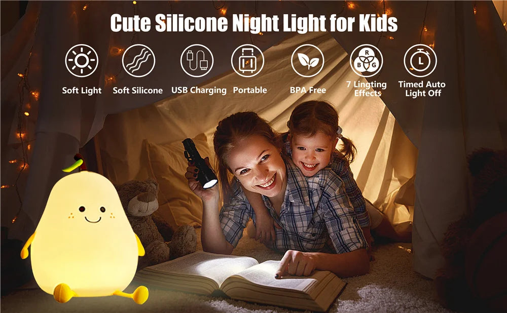 Night Lights for Kids Pear Shaped Cute Silicone Nightlight 7 Colors Dimmable Night Lamp USB Charging for Bedroom Bedside Room