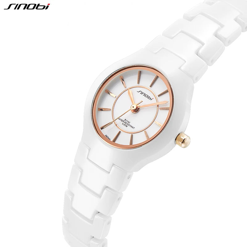 SINOBI Fashin White Ceramic Strap Woman Watches New Top Luxury Stainless S Ladies Quartz Wristwatches High Quality Women's Clock