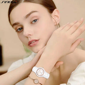 SINOBI Fashin White Ceramic Strap Woman Watches New Top Luxury Stainless S Ladies Quartz Wristwatches High Quality Women's Clock