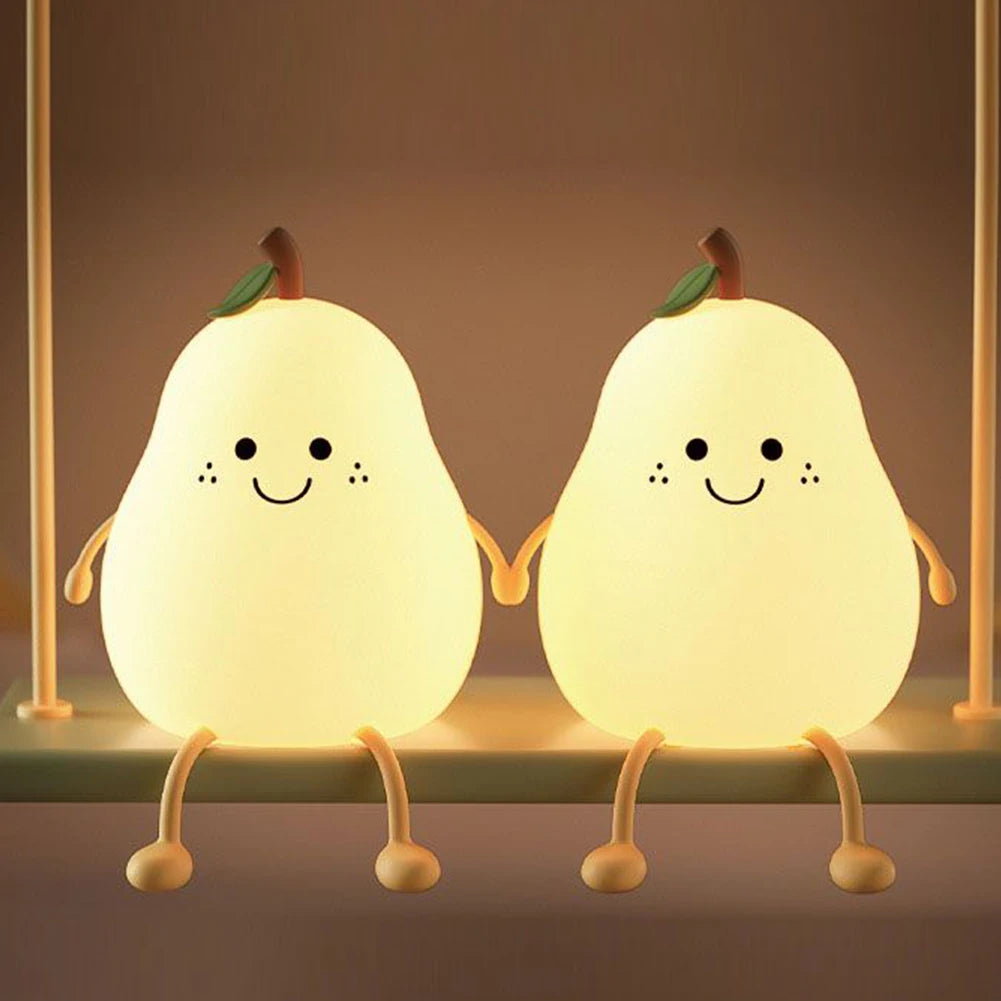 New Pear Fruit Silicone Night Light 7 Colors Dimming Touch USB Rechargeable Cartoon Bedside Lamp Bedroom Decor Cute Kid Gift