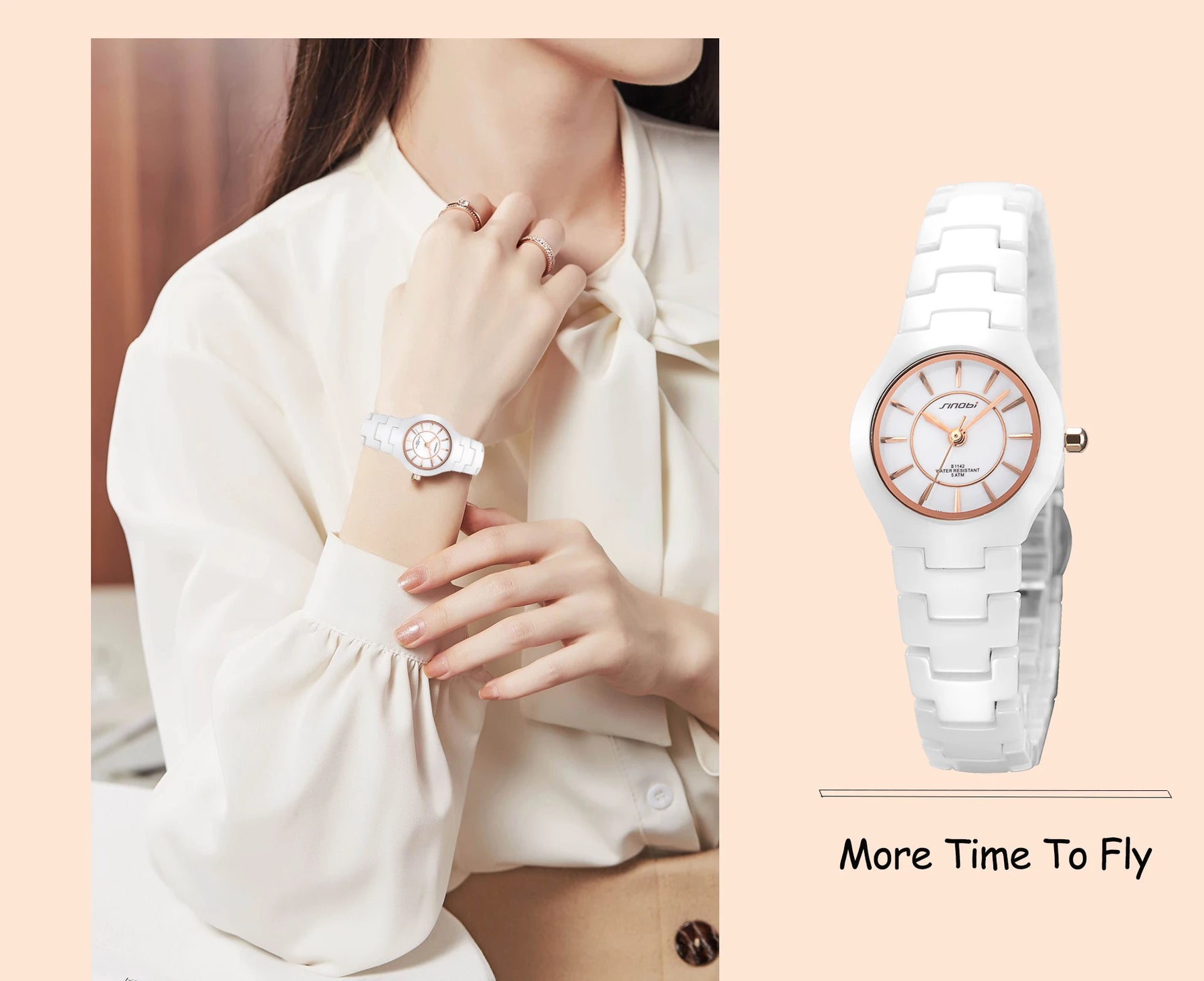 SINOBI Fashin White Ceramic Strap Woman Watches New Top Luxury Stainless S Ladies Quartz Wristwatches High Quality Women's Clock