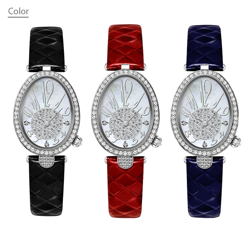 Original Brand Woman Watch Silver Steel Waterproof Handwatch Female Fashion Oval High Quality Ladies Leather Wristwatches Blue