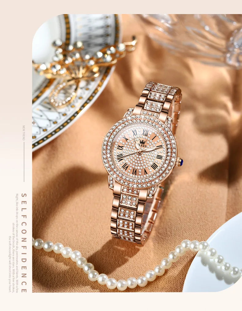 OLEVS Original Diamond Watch for Women Fashion Elegant Stainless Steel Waterproof Quartz Wristwatch Luxury Ladies Dress Watches