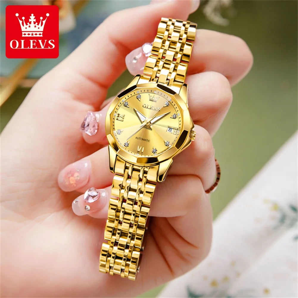 OLEVS Women's Watches Gold Stainless Steel Fully Automatic Mechanical Wristwatch Luxury Waterproof Diamond Ladies Watch NO.9982