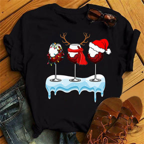 Christmas Wine Glasses Men And Women Couple Red T-shirt