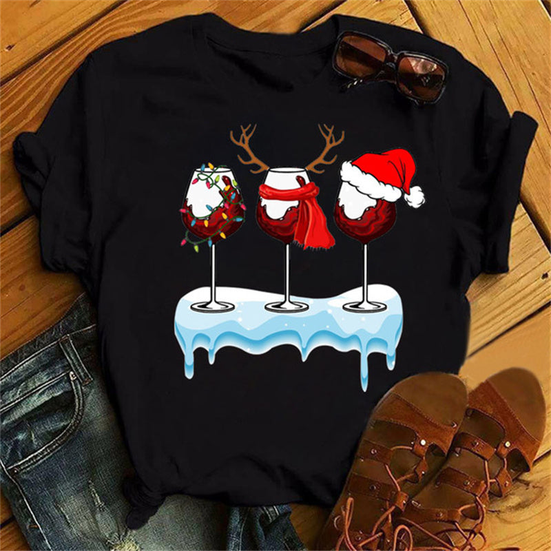 Christmas Wine Glasses Men And Women Couple Red T-shirt