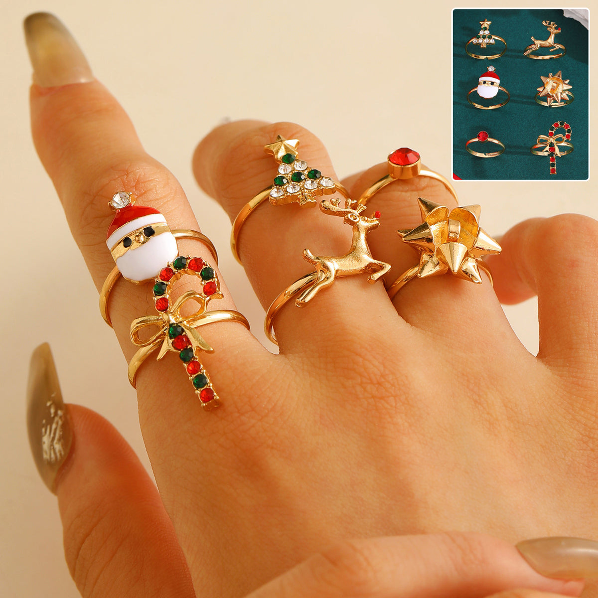 6pcs Santa Claus Christmas Tree Elk Rings Cute Cartoon Christmas Open Adjustable Ring Oil Drop Jewelry