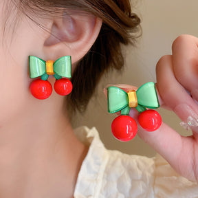 Cute Contrast Color Bow Cherry Silver Stud Earrings