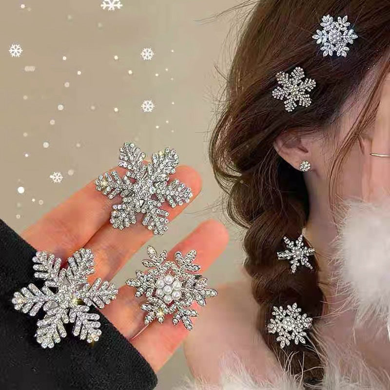 Cyrstal Snowflake Pearl Hair Clip Winter Girls Small Sweet Bobby Pins Women Fashion Retro Flower Hairside Headwear Accessories Hair Jewelry